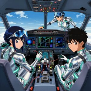 a team of 3 anime characters in silvery chrome suits with neon teal trim and glowing circuit patterns training a literal nvidia in a small airplane cockpit with instruments and blue sky beyond the windscreen. All characters have small glowing teal circuit-board badges on their shoulders. One character wears a sleek chrome visor cap. One female character has teal accent ribbons woven into her hair. One boots up a cluster and monitors the training job's progress metrics. One deploys an update to production, watching dashboards for anomalies. One troubleshoots a flaky network connection, checking configs and physical links. NO TEXT anywhere in this image — no speech bubbles, no word bubbles, no labels, no signs, no writing of any kind. Anime style, vibrant colors, clean composition, cinematic lighting.