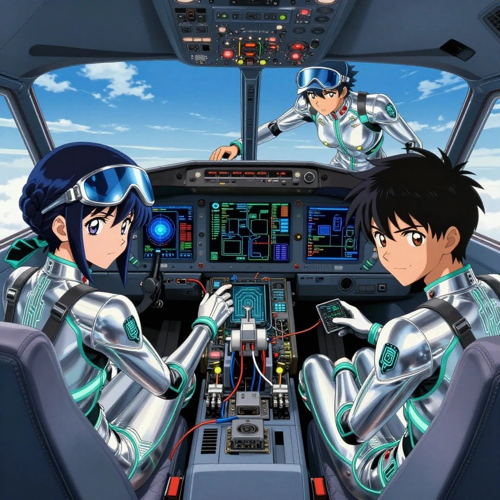 a team of 3 anime characters in silvery chrome suits with neon teal trim and glowing circuit patterns training a literal nvidia in a small airplane cockpit with instruments and blue sky beyond the windscreen. All characters have small glowing teal circuit-board badges on their shoulders. One character wears a sleek chrome visor cap. One female character has teal accent ribbons woven into her hair. One boots up a cluster and monitors the training job's progress metrics. One deploys an update to production, watching dashboards for anomalies. One troubleshoots a flaky network connection, checking configs and physical links. NO TEXT anywhere in this image — no speech bubbles, no word bubbles, no labels, no signs, no writing of any kind. Anime style, vibrant colors, clean composition, cinematic lighting.