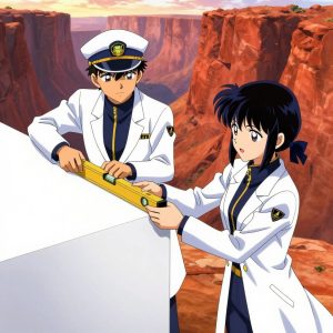 a team of 2 anime characters in white lab coats with navy blue collars and gold zipper accents building a literal building in a wide canyon with layered red rock walls glowing at sunset. One character wears a peaked captain's cap with a gold insignia. One female character has a navy ribbon tied in her hair. All characters wear small gold lapel badges. One sands a surface smooth before applying finish, feeling for imperfections. One checks alignment and level before securing each joint. NO TEXT anywhere in this image — no speech bubbles, no word bubbles, no labels, no signs, no writing of any kind. Anime style, vibrant colors, clean composition, cinematic lighting.