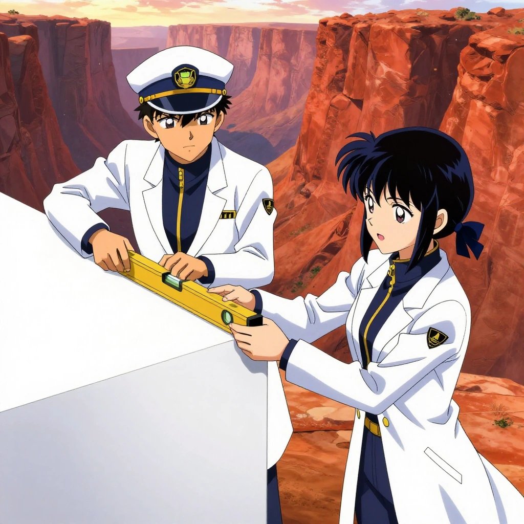 a team of 2 anime characters in white lab coats with navy blue collars and gold zipper accents building a literal building in a wide canyon with layered red rock walls glowing at sunset. One character wears a peaked captain's cap with a gold insignia. One female character has a navy ribbon tied in her hair. All characters wear small gold lapel badges. One sands a surface smooth before applying finish, feeling for imperfections. One checks alignment and level before securing each joint. NO TEXT anywhere in this image — no speech bubbles, no word bubbles, no labels, no signs, no writing of any kind. Anime style, vibrant colors, clean composition, cinematic lighting.