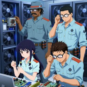 An anime scene showing 4 characters. 1. a female anime character with a petite build, soft features, no facial hair, hair in twin braids with small flower clips 2. a male anime character with a tall, rugged build, short dreadlock hair, thick mustache, wearing a neatly buttoned utility jacket with a mandarin collar and two chest pockets, a utility belt with a small battery pack that connects to his eyeglasses, flat chest with no breasts 3. a female anime character with a smaller build, cute face, no facial hair, long hair with a ribbon tied at the end 4. a male anime character with a broader, muscular build, short spiky hair, light stubble, wearing a neatly buttoned work shirt with epaulets and a zipped front, a utility belt with a small battery pack that connects to his eyeglasses, flat chest with no breasts All characters wear light blue and coral field research team with a gothic aesthetic. Each character wears a small lapel pin showing the hexagon-diamond shape with a Y inside, blue and yellow logo. One character wears a fedora. The team is repairing a literal house in a high-tech server room humming with cooling fans and blue light. One replaces a worn component with a fresh part, checking the fit twice. One diagnoses the fault by listening to how the mechanism sounds. One carefully tightens a bolt with the appropriate tool, working by feel. One cleans a critical part with solvent, working in a well-ventilated spot. NO TEXT anywhere in this image — no speech bubbles, no word bubbles, no labels, no signs, no writing of any kind. Anime style, vibrant colors, clean composition, cinematic lighting.