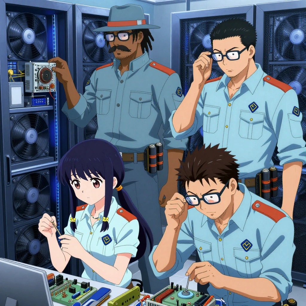 An anime scene showing 4 characters. 1. a female anime character with a petite build, soft features, no facial hair, hair in twin braids with small flower clips 2. a male anime character with a tall, rugged build, short dreadlock hair, thick mustache, wearing a neatly buttoned utility jacket with a mandarin collar and two chest pockets, a utility belt with a small battery pack that connects to his eyeglasses, flat chest with no breasts 3. a female anime character with a smaller build, cute face, no facial hair, long hair with a ribbon tied at the end 4. a male anime character with a broader, muscular build, short spiky hair, light stubble, wearing a neatly buttoned work shirt with epaulets and a zipped front, a utility belt with a small battery pack that connects to his eyeglasses, flat chest with no breasts All characters wear light blue and coral field research team with a gothic aesthetic. Each character wears a small lapel pin showing the hexagon-diamond shape with a Y inside, blue and yellow logo. One character wears a fedora. The team is repairing a literal house in a high-tech server room humming with cooling fans and blue light. One replaces a worn component with a fresh part, checking the fit twice. One diagnoses the fault by listening to how the mechanism sounds. One carefully tightens a bolt with the appropriate tool, working by feel. One cleans a critical part with solvent, working in a well-ventilated spot. NO TEXT anywhere in this image — no speech bubbles, no word bubbles, no labels, no signs, no writing of any kind. Anime style, vibrant colors, clean composition, cinematic lighting.