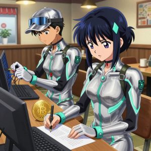 a team of 2 anime characters in silvery chrome suits with neon teal trim and glowing circuit patterns deploying a literal bitcoin in a cozy coffee shop interior with warm light and wood tones. All characters have small glowing teal circuit-board badges on their shoulders. One character wears a sleek chrome visor cap. One female character has teal accent ribbons woven into her hair. One troubleshoots a flaky network connection, checking configs and physical links. One writes and tests code, iterating based on what runs correctly. NO TEXT anywhere in this image — no speech bubbles, no word bubbles, no labels, no signs, no writing of any kind. Anime style, vibrant colors, clean composition, cinematic lighting.