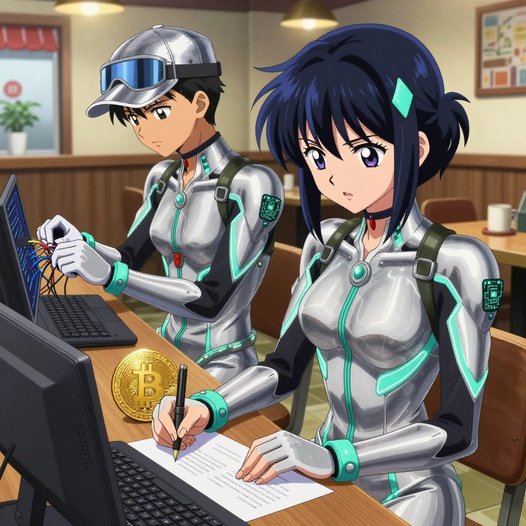 a team of 2 anime characters in silvery chrome suits with neon teal trim and glowing circuit patterns deploying a literal bitcoin in a cozy coffee shop interior with warm light and wood tones. All characters have small glowing teal circuit-board badges on their shoulders. One character wears a sleek chrome visor cap. One female character has teal accent ribbons woven into her hair. One troubleshoots a flaky network connection, checking configs and physical links. One writes and tests code, iterating based on what runs correctly. NO TEXT anywhere in this image — no speech bubbles, no word bubbles, no labels, no signs, no writing of any kind. Anime style, vibrant colors, clean composition, cinematic lighting.