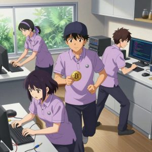 a team of 3 anime characters in soft lavender polos with dark slate pants and subtle striped collars running a literal bitcoin in a sleek modern kitchen with large windows opening onto a garden. All characters wear small silver circle lapel pins. One female character has a lavender ribbon headband in her hair. One character wears a dark slate newsboy cap. One troubleshoots a flaky network connection, checking configs and physical links. One writes and tests code, iterating based on what runs correctly. One boots up a cluster and monitors the training job's progress metrics. NO TEXT anywhere in this image — no speech bubbles, no word bubbles, no labels, no signs, no writing of any kind. Anime style, vibrant colors, clean composition, cinematic lighting.