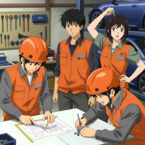 a team of 3 anime characters in burnt orange engineering vests worn over neutral gray base layers constructing a literal building in a mechanic's garage with tools organized on pegboards and cars on lifts. All characters have small gray utility patches on their vests. One character wears an orange reflective helmet. One female character has a small gray ribbon pinned to her vest. One cuts material to exact measurements, double-checking against the plan. One sands a surface smooth before applying finish, feeling for imperfections. One assembles components using the correct fasteners and techniques. NO TEXT anywhere in this image β no speech bubbles, no word bubbles, no labels, no signs, no writing of any kind. Anime style, vibrant colors, clean composition, cinematic lighting.