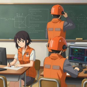 a team of 2 anime characters in burnt orange engineering vests worn over neutral gray base layers deploying a literal firms in a sunny classroom with desks and a chalkboard covered in diagrams. All characters have small gray utility patches on their vests. One character wears an orange reflective helmet. One female character has a small gray ribbon pinned to her vest. One writes and tests code, iterating based on what runs correctly. One boots up a cluster and monitors the training job's progress metrics. NO TEXT anywhere in this image — no speech bubbles, no word bubbles, no labels, no signs, no writing of any kind. Anime style, vibrant colors, clean composition, cinematic lighting.