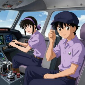 1 anime characters in soft lavender polos with dark slate pants and subtle striped collars debugging a literal ethereum in a small airplane cockpit with instruments and blue sky beyond the windscreen. All characters wear small silver circle lapel pins. One female character has a lavender ribbon headband in her hair. One character wears a dark slate newsboy cap. One boots up a cluster and monitors the training job's progress metrics. NO TEXT anywhere in this image β no speech bubbles, no word bubbles, no labels, no signs, no writing of any kind. Anime style, vibrant colors, clean composition, cinematic lighting.