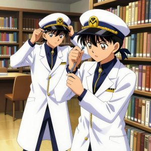 a team of 2 anime characters in white lab coats with navy blue collars and gold zipper accents troubleshooting a literal building in a quiet library with floor-to-ceiling bookshelves and reading nooks. One character wears a peaked captain's cap with a gold insignia. One female character has a navy ribbon tied in her hair. All characters wear small gold lapel badges. One diagnoses the fault by listening to how the mechanism sounds. One carefully tightens a bolt with the appropriate tool, working by feel. NO TEXT anywhere in this image — no speech bubbles, no word bubbles, no labels, no signs, no writing of any kind. Anime style, vibrant colors, clean composition, cinematic lighting.