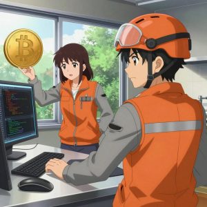 a team of 2 anime characters in burnt orange engineering vests worn over neutral gray base layers training a literal bitcoin in a sleek modern kitchen with large windows opening onto a garden. All characters have small gray utility patches on their vests. One character wears an orange reflective helmet. One female character has a small gray ribbon pinned to her vest. One deploys an update to production, watching dashboards for anomalies. One writes and tests code, iterating based on what runs correctly. NO TEXT anywhere in this image — no speech bubbles, no word bubbles, no labels, no signs, no writing of any kind. Anime style, vibrant colors, clean composition, cinematic lighting.