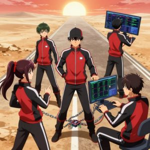 a team of 3 anime characters in crimson and black athletic track suits with white stripes down the sleeves training a literal chain in a dusty desert road stretching to the horizon under a blazing sun. All characters wear small reflective silver badges on their chests. One female character has a crimson ribbon tied around her ponytail. One character wears a black cap with a white stripe. One deploys an update to production, watching dashboards for anomalies. One boots up a cluster and monitors the training job's progress metrics. One troubleshoots a flaky network connection, checking configs and physical links. NO TEXT anywhere in this image — no speech bubbles, no word bubbles, no labels, no signs, no writing of any kind. Anime style, vibrant colors, clean composition, cinematic lighting.
