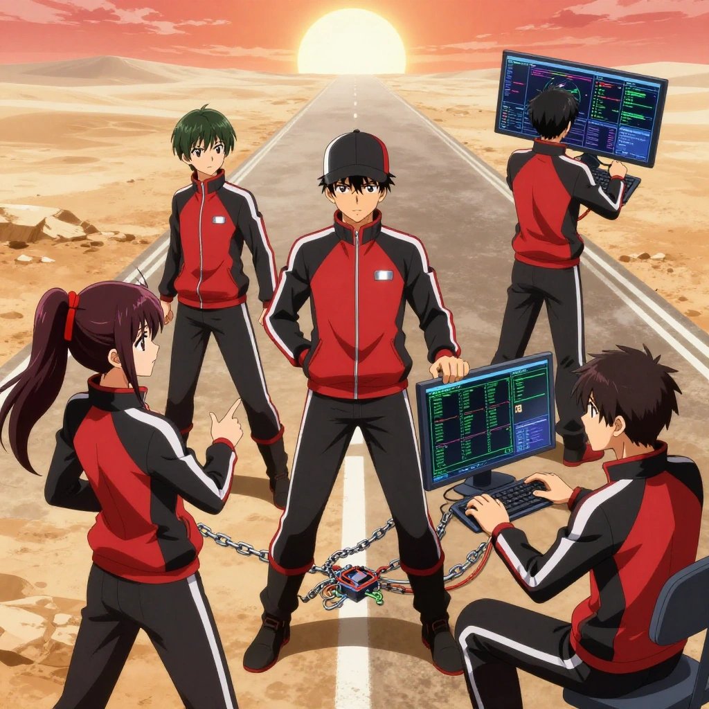 a team of 3 anime characters in crimson and black athletic track suits with white stripes down the sleeves training a literal chain in a dusty desert road stretching to the horizon under a blazing sun. All characters wear small reflective silver badges on their chests. One female character has a crimson ribbon tied around her ponytail. One character wears a black cap with a white stripe. One deploys an update to production, watching dashboards for anomalies. One boots up a cluster and monitors the training job's progress metrics. One troubleshoots a flaky network connection, checking configs and physical links. NO TEXT anywhere in this image — no speech bubbles, no word bubbles, no labels, no signs, no writing of any kind. Anime style, vibrant colors, clean composition, cinematic lighting.