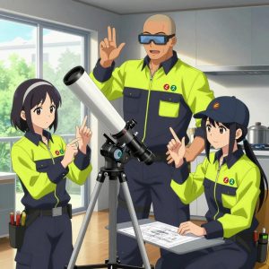 An anime scene showing 3 characters. 1. a female anime character with a slim build, gentle features, no facial hair, hair in a bob with a headband 2. a male anime character with a broad-shouldered build, short buzz-cut hair, clean-shaven, wearing a neatly buttoned work coverall with a full-length zipper and snapped chest pocket, a utility belt with a small battery pack that connects to his eyeglasses, flat chest with no breasts 3. a female anime character with a smaller build, cute face, no facial hair, long hair with a ribbon tied at the end All characters wear charcoal and neon yellow engineering team with a magazine cover aesthetic. Each character wears two small lapel pins — one showing the the Stripe logo — two diagonal lines forming a forward slash through a red circle (real brand), and one showing the lowercase lambda letter in a circle, green logo (abstract). One character wears a baseball cap. One character has utility sheathes on the belt for hand tools. Characters interact through gesture, voice, and movement — pointing, gesturing with purpose, speaking to devices, touching their own fingertips together to transmit data, wearing AR glasses. No character touches a keyboard or looks at a screen. No character waves at the camera. No character faces the viewer directly. The team is building a literal telescope in a sleek modern kitchen with large windows opening onto a garden. Exactly 3 characters in this scene — no more, no fewer. One checks alignment and level before securing each joint. One cuts material to exact measurements, double-checking against the plan. One sands a surface smooth before applying finish, feeling for imperfections. Exactly 3 characters total. The image must contain precisely 3 characters.NO TEXT anywhere in this image — no speech bubbles, no word bubbles, no labels, no signs, no writing of any kind. Anime style, vibrant colors, clean composition, cinematic lighting.