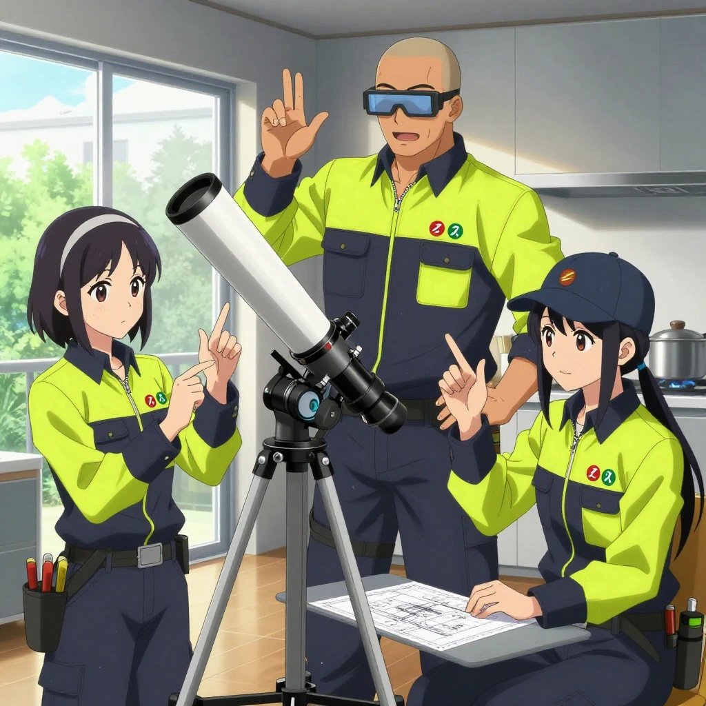An anime scene showing 3 characters. 1. a female anime character with a slim build, gentle features, no facial hair, hair in a bob with a headband 2. a male anime character with a broad-shouldered build, short buzz-cut hair, clean-shaven, wearing a neatly buttoned work coverall with a full-length zipper and snapped chest pocket, a utility belt with a small battery pack that connects to his eyeglasses, flat chest with no breasts 3. a female anime character with a smaller build, cute face, no facial hair, long hair with a ribbon tied at the end All characters wear charcoal and neon yellow engineering team with a magazine cover aesthetic. Each character wears two small lapel pins — one showing the the Stripe logo — two diagonal lines forming a forward slash through a red circle (real brand), and one showing the lowercase lambda letter in a circle, green logo (abstract). One character wears a baseball cap. One character has utility sheathes on the belt for hand tools. Characters interact through gesture, voice, and movement — pointing, gesturing with purpose, speaking to devices, touching their own fingertips together to transmit data, wearing AR glasses. No character touches a keyboard or looks at a screen. No character waves at the camera. No character faces the viewer directly. The team is building a literal telescope in a sleek modern kitchen with large windows opening onto a garden. Exactly 3 characters in this scene — no more, no fewer. One checks alignment and level before securing each joint. One cuts material to exact measurements, double-checking against the plan. One sands a surface smooth before applying finish, feeling for imperfections. Exactly 3 characters total. The image must contain precisely 3 characters.NO TEXT anywhere in this image — no speech bubbles, no word bubbles, no labels, no signs, no writing of any kind. Anime style, vibrant colors, clean composition, cinematic lighting.
