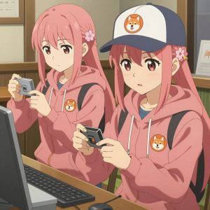 An anime scene showing 2 characters. 1. a female anime character with a smaller build, cute face, no facial hair, long hair with a ribbon tied at the end 2. a female anime character with a petite build, soft features, no facial hair, hair in twin braids with small flower clips All characters wear muted rose and gray search and rescue team with a spring break aesthetic. Each character wears a small lapel pin showing the a shiba inu dog face with an orange hoodie, within a single circle, orange and white colors logo. One character wears a baseball cap. The team is repairing a literal house in a cozy coffee shop interior with warm light and wood tones. One recalibrates the device to factory specifications step by step. One replaces a worn component with a fresh part, checking the fit twice. NO TEXT anywhere in this image — no speech bubbles, no word bubbles, no labels, no signs, no writing of any kind. Anime style, vibrant colors, clean composition, cinematic lighting.