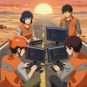 a team of 3 anime characters in burnt orange engineering vests worn over neutral gray base layers training a literal ethereum in a dusty desert road stretching to the horizon under a blazing sun. All characters have small gray utility patches on their vests. One character wears an orange reflective helmet. One female character has a small gray ribbon pinned to her vest. One troubleshoots a flaky network connection, checking configs and physical links. One boots up a cluster and monitors the training job's progress metrics. One writes and tests code, iterating based on what runs correctly. NO TEXT anywhere in this image — no speech bubbles, no word bubbles, no labels, no signs, no writing of any kind. Anime style, vibrant colors, clean composition, cinematic lighting.