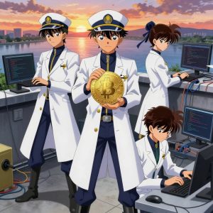 a team of 3 anime characters in white lab coats with navy blue collars and gold zipper accents deploying a literal bitcoin in a rooftop terrace at sunset overlooking a wide river. One character wears a peaked captain's cap with a gold insignia. One female character has a navy ribbon tied in her hair. All characters wear small gold lapel badges. One boots up a cluster and monitors the training job's progress metrics. One troubleshoots a flaky network connection, checking configs and physical links. One writes and tests code, iterating based on what runs correctly. NO TEXT anywhere in this image — no speech bubbles, no word bubbles, no labels, no signs, no writing of any kind. Anime style, vibrant colors, clean composition, cinematic lighting.