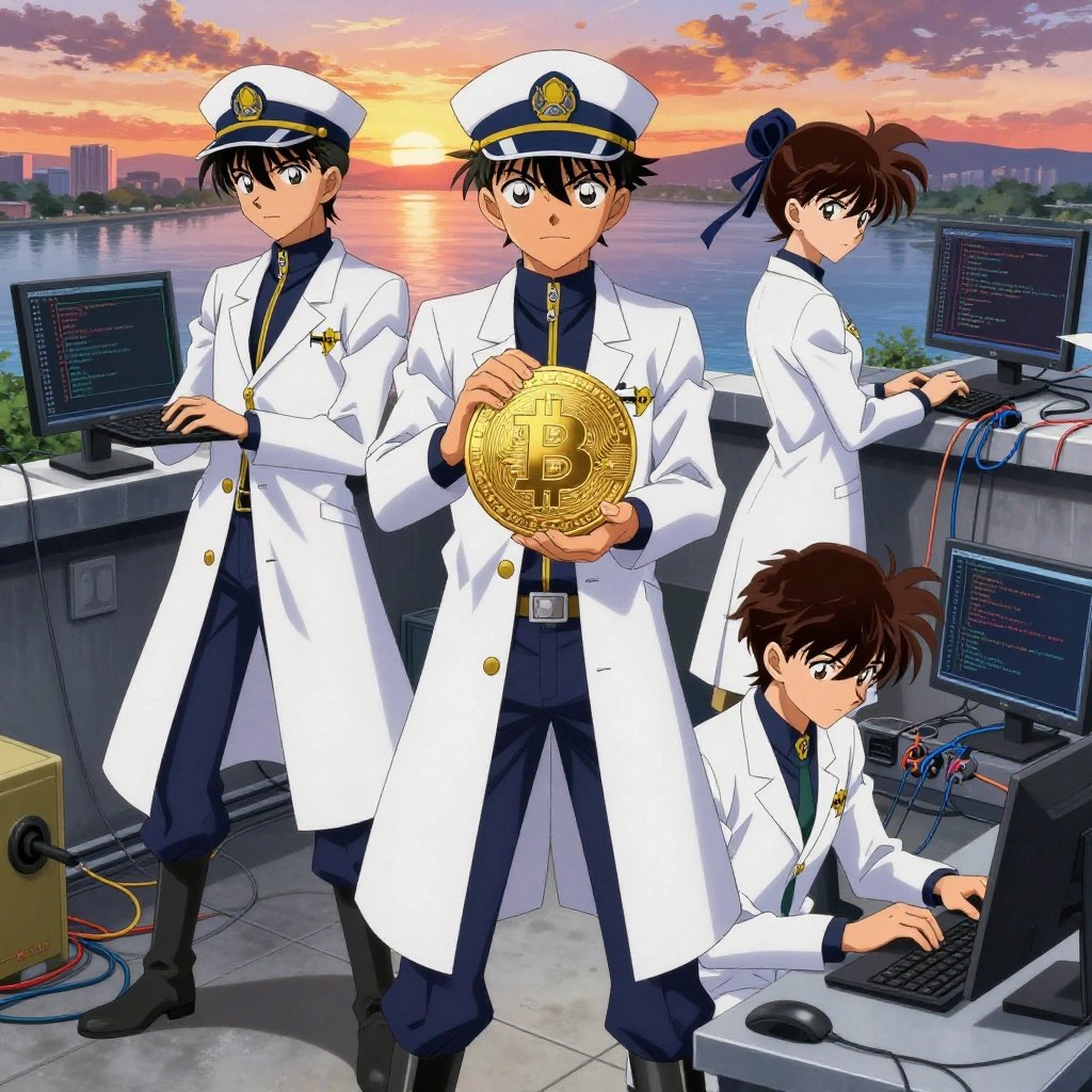 a team of 3 anime characters in white lab coats with navy blue collars and gold zipper accents deploying a literal bitcoin in a rooftop terrace at sunset overlooking a wide river. One character wears a peaked captain's cap with a gold insignia. One female character has a navy ribbon tied in her hair. All characters wear small gold lapel badges. One boots up a cluster and monitors the training job's progress metrics. One troubleshoots a flaky network connection, checking configs and physical links. One writes and tests code, iterating based on what runs correctly. NO TEXT anywhere in this image — no speech bubbles, no word bubbles, no labels, no signs, no writing of any kind. Anime style, vibrant colors, clean composition, cinematic lighting.
