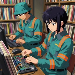 1 anime characters in teal and charcoal mechanic coveralls with neon orange reflective strips debugging a literal ethereum in a vintage record store filled with colorful album spines. All characters have matching orange hazard stripes on their sleeves. One character wears a teal bucket hat. One female character has a small orange ribbon pinned to her coverall collar. One troubleshoots a flaky network connection, checking configs and physical links. NO TEXT anywhere in this image — no speech bubbles, no word bubbles, no labels, no signs, no writing of any kind. Anime style, vibrant colors, clean composition, cinematic lighting.
