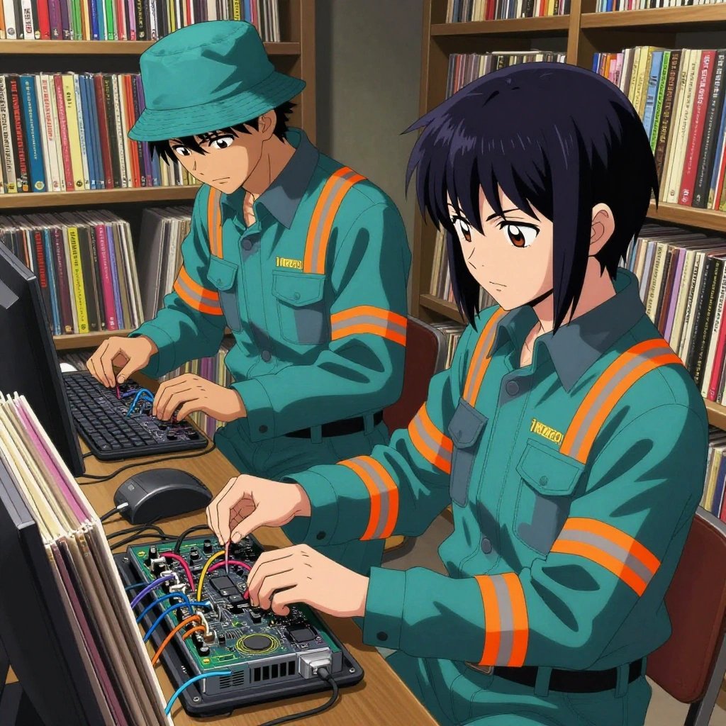 1 anime characters in teal and charcoal mechanic coveralls with neon orange reflective strips debugging a literal ethereum in a vintage record store filled with colorful album spines. All characters have matching orange hazard stripes on their sleeves. One character wears a teal bucket hat. One female character has a small orange ribbon pinned to her coverall collar. One troubleshoots a flaky network connection, checking configs and physical links. NO TEXT anywhere in this image — no speech bubbles, no word bubbles, no labels, no signs, no writing of any kind. Anime style, vibrant colors, clean composition, cinematic lighting.