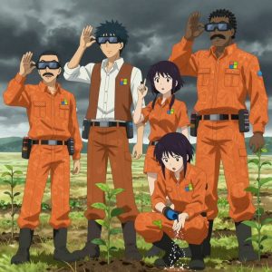 An anime scene showing 4 characters. 1. a male anime character with a fit, medium build, short slicked-back hair, light mustache, wearing a neatly buttoned work polo with a collared neck and buttoned cuffs, a utility belt with a small battery pack that connects to his eyeglasses, flat chest with no breasts 2. a male anime character with a tall, lean build, short messy hair, clean-shaven, wearing a neatly pressed collared button-up with a vest over top, a utility belt with a small battery pack that connects to his eyeglasses, flat chest with no breasts 3. a female anime character with a smaller build, cute face, no facial hair, long hair with a ribbon tied at the end 4. a male anime character with a tall, rugged build, short dreadlock hair, thick mustache, wearing a neatly buttoned utility jacket with a mandarin collar and two chest pockets, a utility belt with a small battery pack that connects to his eyeglasses, flat chest with no breasts All characters wear warm orange and brown scientific expedition team with a patterns aesthetic. Each character wears two small lapel pins — one showing the the Microsoft logo — a four-color grid tile: blue red green yellow (real brand), and one showing the diamond shape with four facets inside a smaller diamond logo (abstract). One character wears a beanie. One character has knee pads with built-in tool pouches. Characters interact through gesture, voice, and movement — pointing, gesturing with purpose, speaking to devices, touching their own fingertips together to transmit data, wearing AR glasses. No character touches a keyboard or looks at a screen. No character waves at the camera. No character faces the viewer directly. The team is cultivating a literal sawmill in a wide prairie under a dramatic stormy sky. Exactly 4 characters in this scene — no more, no fewer. One prunes dead growth to encourage healthy new shoots. One applies fertilizer in careful doses around the root zone. One waters a young seedling by hand, checking soil moisture first. One trellises a climbing plant, guiding it along a support with gentle care. Exactly 4 characters total. The image must contain precisely 4 characters.NO TEXT anywhere in this image — no speech bubbles, no word bubbles, no labels, no signs, no writing of any kind. Anime style, vibrant colors, clean composition, cinematic lighting.