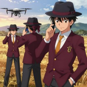 1 anime characters in deep maroon blazers with charcoal slacks and bright amber tie accents fingerspelling a literal phone in an open field at golden hour with distant mountains and dry grass. All characters wear small golden star lapel pins. One female character has a deep maroon silk ribbon bow in her hair. One character wears a charcoal fedora with a maroon band. One faces the camera and makes a clear ASL gesture — hand shapes, fingerspelling, or a recognizable sign — while the others continue their work nearby. One pilots a drone through a pre-planned flight path, monitoring telemetry. NO TEXT anywhere in this image — no speech bubbles, no word bubbles, no labels, no signs, no writing of any kind. Anime style, vibrant colors, clean composition, cinematic lighting.
