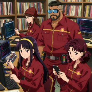 An anime scene showing 3 characters. 1. a female anime character with a petite build, expressive eyes, no facial hair, long straight hair with a ribbon headband 2. a male anime character with a stocky, strong build, short undercut hair, full beard, wearing a neatly buttoned work jacket with a full zip front and rolled sleeves, a utility belt with a small battery pack that connects to his eyeglasses, flat chest with no breasts 3. a female anime character with a smaller build, soft smile, no facial hair, hair in loose curls with a small hair clip All characters wear deep red and gold scientific expedition team with a spa day aesthetic. Each character wears a small lapel pin showing the gradient circle with a stylized wave S-mark inside logo. One character wears a beanie. The team is programming a literal ethereum in a vintage record store filled with colorful album spines. One writes and tests code, iterating based on what runs correctly. One boots up a cluster and monitors the training job's progress metrics. One troubleshoots a flaky network connection, checking configs and physical links. NO TEXT anywhere in this image — no speech bubbles, no word bubbles, no labels, no signs, no writing of any kind. Anime style, vibrant colors, clean composition, cinematic lighting.