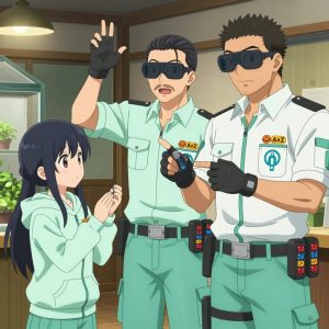 An anime scene showing 3 characters. 1. a female anime character with a smaller build, cute face, no facial hair, long hair with a ribbon tied at the end 2. a male anime character with a fit, medium build, short slicked-back hair, light mustache, wearing a neatly buttoned work polo with a collared neck and buttoned cuffs, a utility belt with a small battery pack that connects to his eyeglasses, flat chest with no breasts 3. a male anime character with a broader, muscular build, short spiky hair, light stubble, wearing a neatly buttoned work shirt with epaulets and a zipped front, a utility belt with a small battery pack that connects to his eyeglasses, flat chest with no breasts All characters wear soft mint and white hazardous disposal team with a festive holiday aesthetic. Each character wears two small lapel pins — one showing the the Amazon logo — a smile arrow from A to Z in black on orange text (real brand), and one showing the stylized H with an open crossbar inside a circle, teal and cyan colors logo (abstract). One character wears a hoodie. One character has gloves with fingertip sensors. Characters interact through gesture, voice, and movement — pointing, gesturing with purpose, speaking to devices, touching their own fingertips together to transmit data, wearing AR glasses. No character touches a keyboard or looks at a screen. No character waves at the camera. No character faces the viewer directly. The team is measuring a literal greenhouse in a cozy coffee shop interior with warm light and wood tones. Exactly 3 characters in this scene — no more, no fewer. One monitors a readout while adjusting a dial, watching for the target value. One verifies dimensions with a precision tool, comparing to the specification. One weighs or measures a sample, handling it carefully to avoid contamination. Exactly 3 characters total. The image must contain precisely 3 characters.NO TEXT anywhere in this image — no speech bubbles, no word bubbles, no labels, no signs, no writing of any kind. Anime style, vibrant colors, clean composition, cinematic lighting.