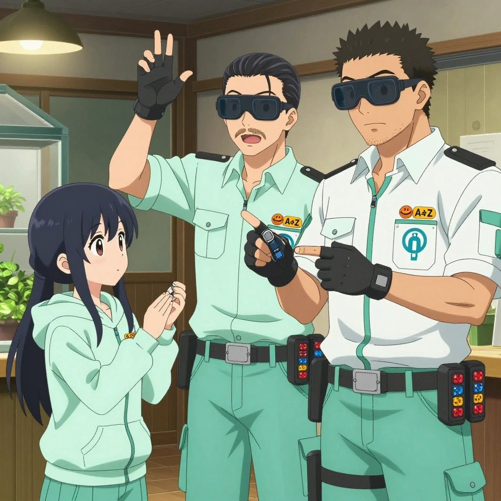 An anime scene showing 3 characters. 1. a female anime character with a smaller build, cute face, no facial hair, long hair with a ribbon tied at the end 2. a male anime character with a fit, medium build, short slicked-back hair, light mustache, wearing a neatly buttoned work polo with a collared neck and buttoned cuffs, a utility belt with a small battery pack that connects to his eyeglasses, flat chest with no breasts 3. a male anime character with a broader, muscular build, short spiky hair, light stubble, wearing a neatly buttoned work shirt with epaulets and a zipped front, a utility belt with a small battery pack that connects to his eyeglasses, flat chest with no breasts All characters wear soft mint and white hazardous disposal team with a festive holiday aesthetic. Each character wears two small lapel pins — one showing the the Amazon logo — a smile arrow from A to Z in black on orange text (real brand), and one showing the stylized H with an open crossbar inside a circle, teal and cyan colors logo (abstract). One character wears a hoodie. One character has gloves with fingertip sensors. Characters interact through gesture, voice, and movement — pointing, gesturing with purpose, speaking to devices, touching their own fingertips together to transmit data, wearing AR glasses. No character touches a keyboard or looks at a screen. No character waves at the camera. No character faces the viewer directly. The team is measuring a literal greenhouse in a cozy coffee shop interior with warm light and wood tones. Exactly 3 characters in this scene — no more, no fewer. One monitors a readout while adjusting a dial, watching for the target value. One verifies dimensions with a precision tool, comparing to the specification. One weighs or measures a sample, handling it carefully to avoid contamination. Exactly 3 characters total. The image must contain precisely 3 characters.NO TEXT anywhere in this image — no speech bubbles, no word bubbles, no labels, no signs, no writing of any kind. Anime style, vibrant colors, clean composition, cinematic lighting.