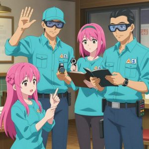 An anime scene showing 4 characters. 1. a female anime character with a petite build, cute face, no facial hair, long hair with a bow hair accessory 2. a male anime character with a taller, athletic build, short hair, subtle facial hair, wearing a neatly buttoned-up collared shirt with sleeves rolled to the elbows, a utility belt with a small battery pack that connects to his eyeglasses, flat chest with no breasts 3. a female anime character with a slim build, gentle features, no facial hair, hair in a bob with a headband 4. a male anime character with a fit, medium build, short slicked-back hair, light mustache, wearing a neatly buttoned work polo with a collared neck and buttoned cuffs, a utility belt with a small battery pack that connects to his eyeglasses, flat chest with no breasts All characters wear bright cyan and pink engineering team with a winter aesthetic. Each character wears two small lapel pins — one showing the the Anthropic logo — a stylized A made of three overlapping triangles, warm orange (real brand), and one showing the stylized S or swirl with a vertical line through it, blue and white logo (abstract). One character wears a flat cap. One character has wrist-mounted calibration scope. Characters interact through gesture, voice, and movement — pointing, gesturing with purpose, speaking to devices, touching their own fingertips together to transmit data, wearing AR glasses. No character touches a keyboard or looks at a screen. No character waves at the camera. No character faces the viewer directly. The team is measuring a literal amphitheater in a cozy coffee shop interior with warm light and wood tones. Exactly 4 characters in this scene — no more, no fewer. One verifies dimensions with a precision tool, comparing to the specification. One takes a precise reading with a calibrated instrument, recording it in a logbook. One weighs or measures a sample, handling it carefully to avoid contamination. One monitors a readout while adjusting a dial, watching for the target value. Exactly 4 characters total. The image must contain precisely 4 characters.NO TEXT anywhere in this image — no speech bubbles, no word bubbles, no labels, no signs, no writing of any kind. Anime style, vibrant colors, clean composition, cinematic lighting.
