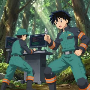 a team of 2 anime characters in teal and charcoal mechanic coveralls with neon orange reflective strips training a literal ethereum in an old-growth forest with shafts of light cutting through the canopy. All characters have matching orange hazard stripes on their sleeves. One character wears a teal bucket hat. One female character has a small orange ribbon pinned to her coverall collar. One boots up a cluster and monitors the training job's progress metrics. One writes and tests code, iterating based on what runs correctly. NO TEXT anywhere in this image — no speech bubbles, no word bubbles, no labels, no signs, no writing of any kind. Anime style, vibrant colors, clean composition, cinematic lighting.