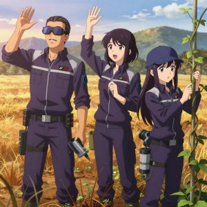 An anime scene showing 3 characters. 1. a male anime character with a fit, medium build, short slicked-back hair, light mustache, wearing a neatly buttoned work polo with a collared neck and buttoned cuffs, a utility belt with a small battery pack that connects to his eyeglasses, flat chest with no breasts 2. a female anime character with a slim build, delicate face, no facial hair, short wavy hair with a hair pin 3. a female anime character with a petite build, cute face, no facial hair, long hair with a bow hair accessory All characters wear dark purple and silver field research team with a sport aesthetic. Each character wears two small lapel pins — one showing the the Stripe logo — two diagonal lines forming a forward slash through a red circle (real brand), and one showing the diamond shape with four facets inside a smaller diamond logo (abstract). One character wears a flat cap. One character has compact filtration mask clipped to the belt. Characters interact through gesture, voice, and movement — pointing, waving hands in the air, speaking to devices, touching their own fingertips together to transmit data, wearing AR glasses. No character touches a keyboard or looks at a screen. The team is cultivating a literal outpost in an open field at golden hour with distant mountains and dry grass. One applies fertilizer in careful doses around the root zone. One prunes dead growth to encourage healthy new shoots. One trellises a climbing plant, guiding it along a support with gentle care. NO TEXT anywhere in this image — no speech bubbles, no word bubbles, no labels, no signs, no writing of any kind. Anime style, vibrant colors, clean composition, cinematic lighting.