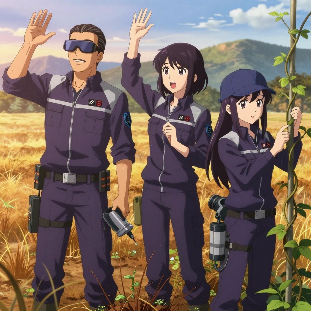 An anime scene showing 3 characters. 1. a male anime character with a fit, medium build, short slicked-back hair, light mustache, wearing a neatly buttoned work polo with a collared neck and buttoned cuffs, a utility belt with a small battery pack that connects to his eyeglasses, flat chest with no breasts 2. a female anime character with a slim build, delicate face, no facial hair, short wavy hair with a hair pin 3. a female anime character with a petite build, cute face, no facial hair, long hair with a bow hair accessory All characters wear dark purple and silver field research team with a sport aesthetic. Each character wears two small lapel pins — one showing the the Stripe logo — two diagonal lines forming a forward slash through a red circle (real brand), and one showing the diamond shape with four facets inside a smaller diamond logo (abstract). One character wears a flat cap. One character has compact filtration mask clipped to the belt. Characters interact through gesture, voice, and movement — pointing, waving hands in the air, speaking to devices, touching their own fingertips together to transmit data, wearing AR glasses. No character touches a keyboard or looks at a screen. The team is cultivating a literal outpost in an open field at golden hour with distant mountains and dry grass. One applies fertilizer in careful doses around the root zone. One prunes dead growth to encourage healthy new shoots. One trellises a climbing plant, guiding it along a support with gentle care. NO TEXT anywhere in this image — no speech bubbles, no word bubbles, no labels, no signs, no writing of any kind. Anime style, vibrant colors, clean composition, cinematic lighting.