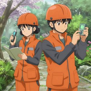 a team of 2 anime characters in burnt orange engineering vests worn over neutral gray base layers monitoring a literal conjecture in a botanical garden at peak bloom with stone pathways and morning mist. All characters have small gray utility patches on their vests. One character wears an orange reflective helmet. One female character has a small gray ribbon pinned to her vest. One takes a precise reading with a calibrated instrument, recording it in a logbook. One monitors a readout while adjusting a dial, watching for the target value. NO TEXT anywhere in this image — no speech bubbles, no word bubbles, no labels, no signs, no writing of any kind. Anime style, vibrant colors, clean composition, cinematic lighting.