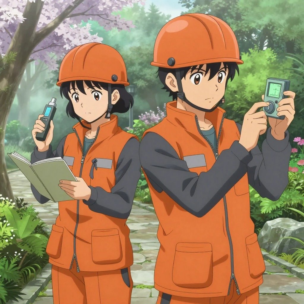 a team of 2 anime characters in burnt orange engineering vests worn over neutral gray base layers monitoring a literal conjecture in a botanical garden at peak bloom with stone pathways and morning mist. All characters have small gray utility patches on their vests. One character wears an orange reflective helmet. One female character has a small gray ribbon pinned to her vest. One takes a precise reading with a calibrated instrument, recording it in a logbook. One monitors a readout while adjusting a dial, watching for the target value. NO TEXT anywhere in this image — no speech bubbles, no word bubbles, no labels, no signs, no writing of any kind. Anime style, vibrant colors, clean composition, cinematic lighting.