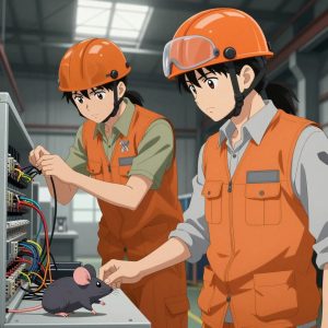 1 anime characters in burnt orange engineering vests worn over neutral gray base layers training a literal mouse in an industrial warehouse with natural light streaming through skylights. All characters have small gray utility patches on their vests. One character wears an orange reflective helmet. One female character has a small gray ribbon pinned to her vest. One troubleshoots a flaky network connection, checking configs and physical links. NO TEXT anywhere in this image — no speech bubbles, no word bubbles, no labels, no signs, no writing of any kind. Anime style, vibrant colors, clean composition, cinematic lighting.