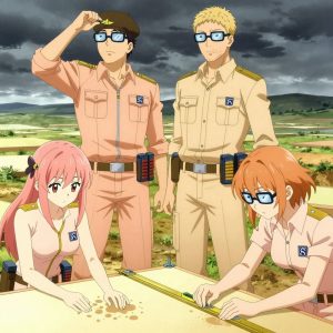 An anime scene showing 4 characters. 1. a female anime character with a petite build, cute face, no facial hair, long hair with a bow hair accessory 2. a male anime character with a broader, muscular build, short spiky hair, light stubble, wearing a neatly buttoned work shirt with epaulets and a zipped front, a utility belt with a small battery pack that connects to his eyeglasses, flat chest with no breasts 3. a male anime character with a lean, medium build, short textured hair, light stubble, wearing a neatly buttoned utility smock with a buttoned collar and chest flaps closed, a utility belt with a small battery pack that connects to his eyeglasses, flat chest with no breasts 4. a female anime character with a slim build, delicate face, no facial hair, short wavy hair with a hair pin All characters wear warm peach and gold scientific expedition team with a spring aesthetic. Each character wears a small lapel pin showing the stylized S or swirl with a vertical line through it, blue and white logo. One character wears a beret. The team is building a literal building in a wide prairie under a dramatic stormy sky. One sands a surface smooth before applying finish, feeling for imperfections. One checks alignment and level before securing each joint. One assembles components using the correct fasteners and techniques. One cuts material to exact measurements, double-checking against the plan. NO TEXT anywhere in this image — no speech bubbles, no word bubbles, no labels, no signs, no writing of any kind. Anime style, vibrant colors, clean composition, cinematic lighting.