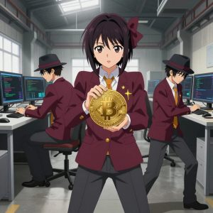 a team of 3 anime characters in deep maroon blazers with charcoal slacks and bright amber tie accents deploying a literal bitcoin in an industrial warehouse with natural light streaming through skylights. All characters wear small golden star lapel pins. One female character has a deep maroon silk ribbon bow in her hair. One character wears a charcoal fedora with a maroon band. One boots up a cluster and monitors the training job's progress metrics. One deploys an update to production, watching dashboards for anomalies. One writes and tests code, iterating based on what runs correctly. NO TEXT anywhere in this image — no speech bubbles, no word bubbles, no labels, no signs, no writing of any kind. Anime style, vibrant colors, clean composition, cinematic lighting.