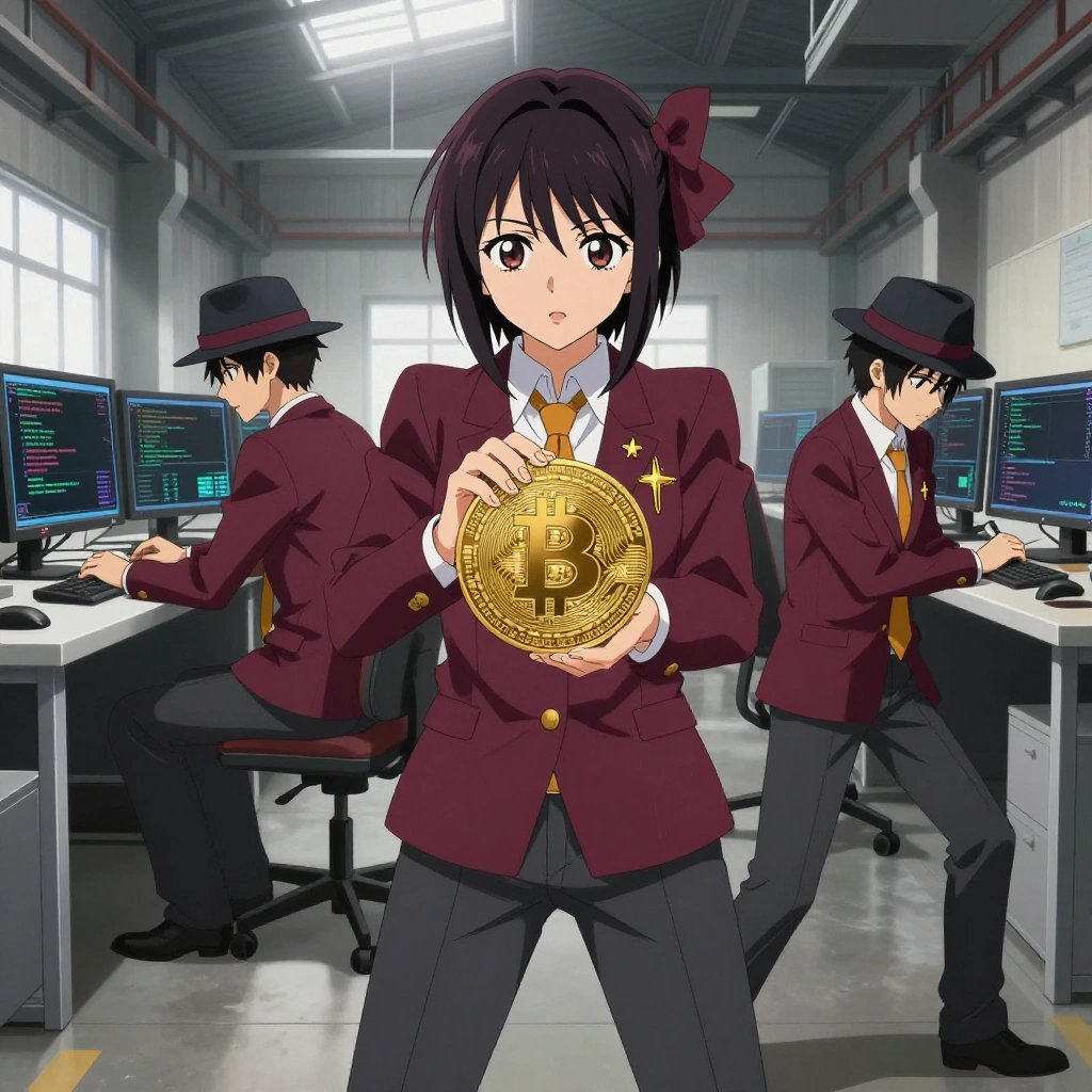 a team of 3 anime characters in deep maroon blazers with charcoal slacks and bright amber tie accents deploying a literal bitcoin in an industrial warehouse with natural light streaming through skylights. All characters wear small golden star lapel pins. One female character has a deep maroon silk ribbon bow in her hair. One character wears a charcoal fedora with a maroon band. One boots up a cluster and monitors the training job's progress metrics. One deploys an update to production, watching dashboards for anomalies. One writes and tests code, iterating based on what runs correctly. NO TEXT anywhere in this image — no speech bubbles, no word bubbles, no labels, no signs, no writing of any kind. Anime style, vibrant colors, clean composition, cinematic lighting.