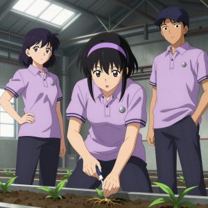 1 anime characters in soft lavender polos with dark slate pants and subtle striped collars growing a literal warns in an industrial warehouse with natural light streaming through skylights. All characters wear small silver circle lapel pins. One female character has a lavender ribbon headband in her hair. One character wears a dark slate newsboy cap. One applies fertilizer in careful doses around the root zone. NO TEXT anywhere in this image — no speech bubbles, no word bubbles, no labels, no signs, no writing of any kind. Anime style, vibrant colors, clean composition, cinematic lighting.