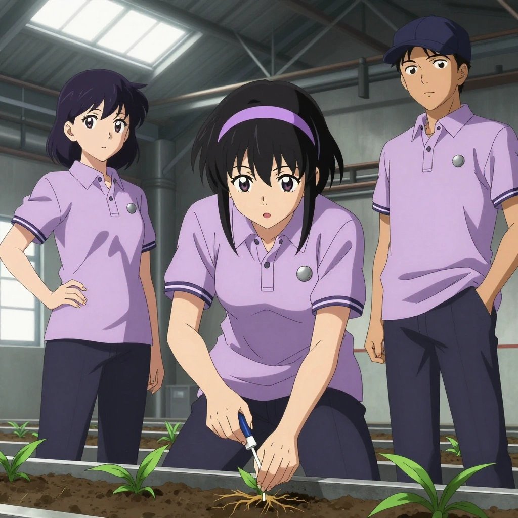 1 anime characters in soft lavender polos with dark slate pants and subtle striped collars growing a literal warns in an industrial warehouse with natural light streaming through skylights. All characters wear small silver circle lapel pins. One female character has a lavender ribbon headband in her hair. One character wears a dark slate newsboy cap. One applies fertilizer in careful doses around the root zone. NO TEXT anywhere in this image — no speech bubbles, no word bubbles, no labels, no signs, no writing of any kind. Anime style, vibrant colors, clean composition, cinematic lighting.