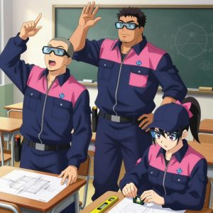 An anime scene showing 3 characters. 1. a male anime character with a broad-shouldered build, short buzz-cut hair, clean-shaven, wearing a neatly buttoned work coverall with a full-length zipper and snapped chest pocket, a utility belt with a small battery pack that connects to his eyeglasses, flat chest with no breasts 2. a male anime character with a broader, muscular build, short spiky hair, light stubble, wearing a neatly buttoned work shirt with epaulets and a zipped front, a utility belt with a small battery pack that connects to his eyeglasses, flat chest with no breasts 3. a female anime character with a small build, round face, no facial hair, hair in a high ponytail with a bow All characters wear deep indigo and pink fishing trawler crew with a future career aesthetic. Each character wears two small lapel pins — one showing the the Meta logo — a blue geometric shape like a paper airplane pointing up-right (real brand), and one showing the diamond shape with four facets inside a smaller diamond logo (abstract). One character wears a baseball cap. One character has utility sheathes on the belt for hand tools. Characters interact through gesture, voice, and movement — pointing, waving hands in the air, speaking to devices, touching their own fingertips together to transmit data, wearing AR glasses. No character touches a keyboard or looks at a screen. The team is building a literal outpost in a sunny classroom with desks and a chalkboard covered in diagrams. One cuts material to exact measurements, double-checking against the plan. One checks alignment and level before securing each joint. One assembles components using the correct fasteners and techniques. NO TEXT anywhere in this image — no speech bubbles, no word bubbles, no labels, no signs, no writing of any kind. Anime style, vibrant colors, clean composition, cinematic lighting.