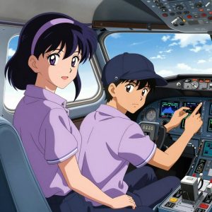 1 anime characters in soft lavender polos with dark slate pants and subtle striped collars debugging a literal display in a small airplane cockpit with instruments and blue sky beyond the windscreen. All characters wear small silver circle lapel pins. One female character has a lavender ribbon headband in her hair. One character wears a dark slate newsboy cap. One deploys an update to production, watching dashboards for anomalies. NO TEXT anywhere in this image — no speech bubbles, no word bubbles, no labels, no signs, no writing of any kind. Anime style, vibrant colors, clean composition, cinematic lighting.