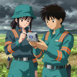 a team of 2 anime characters in teal and charcoal mechanic coveralls with neon orange reflective strips fixing a literal talks in a wide prairie under a dramatic stormy sky. All characters have matching orange hazard stripes on their sleeves. One character wears a teal bucket hat. One female character has a small orange ribbon pinned to her coverall collar. One recalibrates the device to factory specifications step by step. One replaces a worn component with a fresh part, checking the fit twice. NO TEXT anywhere in this image — no speech bubbles, no word bubbles, no labels, no signs, no writing of any kind. Anime style, vibrant colors, clean composition, cinematic lighting.