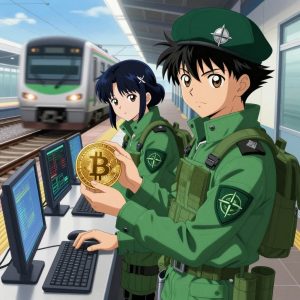 1 anime characters in forest green tactical jackets with black shoulder pads and silver insignia debugging a literal bitcoin in a high-speed rail platform with a train arriving in a blur of silver. One character wears a forest green beret. One female character has a small silver hair clip shaped like a leaf. All characters wear matching green arm patches with a geometric compass logo. One boots up a cluster and monitors the training job's progress metrics. NO TEXT anywhere in this image — no speech bubbles, no word bubbles, no labels, no signs, no writing of any kind. Anime style, vibrant colors, clean composition, cinematic lighting.