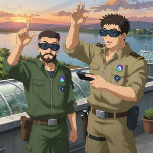 An anime scene showing 2 characters. 1. a male anime character with a stocky, strong build, short undercut hair, full beard, wearing a neatly buttoned work jacket with a full zip front and rolled sleeves, a utility belt with a small battery pack that connects to his eyeglasses, flat chest with no breasts 2. a male anime character with a broader, muscular build, short spiky hair, light stubble, wearing a neatly buttoned work shirt with epaulets and a zipped front, a utility belt with a small battery pack that connects to his eyeglasses, flat chest with no breasts All characters wear earthy green and tan field research team with a gothic aesthetic. Each character wears two small lapel pins — one showing the the Solana logo — a gradient circle with a stylized wave S-mark inside, purple and teal (real brand), and one showing the hexagon-diamond shape with a Y inside, blue and yellow logo (abstract). One character wears a hoodie. One character has utility sheathes on the belt for hand tools. Characters interact through gesture, voice, and movement — pointing, waving hands in the air, speaking to devices, touching their own fingertips together to transmit data, wearing AR glasses. No character touches a keyboard or looks at a screen. The team is treating a literal greenhouse in a rooftop terrace at sunset overlooking a wide river. One performs a careful examination to determine the cause of symptoms. One monitors vital signs on equipment, checking readings regularly. NO TEXT anywhere in this image — no speech bubbles, no word bubbles, no labels, no signs, no writing of any kind. Anime style, vibrant colors, clean composition, cinematic lighting.