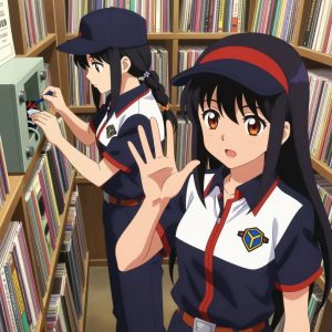 An anime scene showing 2 characters. 1. a female anime character with a petite build, soft features, no facial hair, hair in twin braids with small flower clips 2. a female anime character with a petite build, expressive eyes, no facial hair, long straight hair with a ribbon headband All characters wear dark navy and white maintenance crew with a red aesthetic. Each character wears a small lapel pin showing the hexagon-diamond shape with a Y inside, blue and yellow logo. One character wears a flat cap. One character faces the camera directly and waving hello — open hand moving back and forth at the wrist, clearly visible, hands large and clearly visible in the foreground. The team is repairing a literal building in a vintage record store filled with colorful album spines. One recalibrates the device to factory specifications step by step. One cleans a critical part with solvent, working in a well-ventilated spot. NO TEXT anywhere in this image — no speech bubbles, no word bubbles, no labels, no signs, no writing of any kind. Anime style, vibrant colors, clean composition, cinematic lighting.