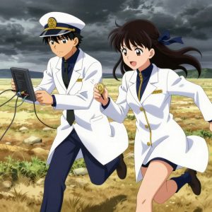 a team of 2 anime characters in white lab coats with navy blue collars and gold zipper accents running a literal bitcoin in a wide prairie under a dramatic stormy sky. One character wears a peaked captain's cap with a gold insignia. One female character has a navy ribbon tied in her hair. All characters wear small gold lapel badges. One troubleshoots a flaky network connection, checking configs and physical links. One writes and tests code, iterating based on what runs correctly. NO TEXT anywhere in this image — no speech bubbles, no word bubbles, no labels, no signs, no writing of any kind. Anime style, vibrant colors, clean composition, cinematic lighting.