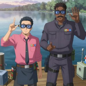An anime scene showing 2 characters. 1. a male anime character with a tall, sturdy build, short side-part hair, light goatee, wearing a neatly buttoned collared shirt with a clip-on tie and a tool apron, a utility belt with a small battery pack that connects to his eyeglasses, flat chest with no breasts 2. a male anime character with a tall, rugged build, short dreadlock hair, thick mustache, wearing a neatly buttoned utility jacket with a mandarin collar and two chest pockets, a utility belt with a small battery pack that connects to his eyeglasses, flat chest with no breasts All characters wear muted rose and gray technical repair team with a game night aesthetic. Each character wears two small lapel pins — one showing the the Google logo — four colored letters G o o g in bold, blue red yellow blue (real brand), and one showing the USDT token symbol — a T with a double horizontal line logo (abstract). One character wears a hoodie. One character has calibrated ankle strap for terrain mapping. Characters interact through gesture, voice, and movement — pointing, gesturing with purpose, speaking to devices, touching their own fingertips together to transmit data, wearing AR glasses. No character touches a keyboard or looks at a screen. No character waves at the camera. No character faces the viewer directly. The team is repairing a literal hydroplant in a calm lakeside dock at dawn with mist rising off the water. Exactly 2 characters in this scene — no more, no fewer. One diagnoses the fault by listening to how the mechanism sounds. One recalibrates the device to factory specifications step by step. Exactly 2 characters total. The image must contain precisely 2 characters.NO TEXT anywhere in this image — no speech bubbles, no word bubbles, no labels, no signs, no writing of any kind. Anime style, vibrant colors, clean composition, cinematic lighting.