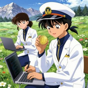 1 anime characters in white lab coats with navy blue collars and gold zipper accents debugging a literal bitcoin in a high alpine meadow in full summer bloom with mountain peaks beyond. One character wears a peaked captain's cap with a gold insignia. One female character has a navy ribbon tied in her hair. All characters wear small gold lapel badges. One writes and tests code, iterating based on what runs correctly. NO TEXT anywhere in this image — no speech bubbles, no word bubbles, no labels, no signs, no writing of any kind. Anime style, vibrant colors, clean composition, cinematic lighting.